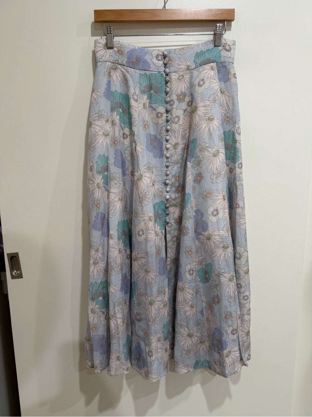 Sandro Pale Blue Floral Button-Front A-Line Skirt